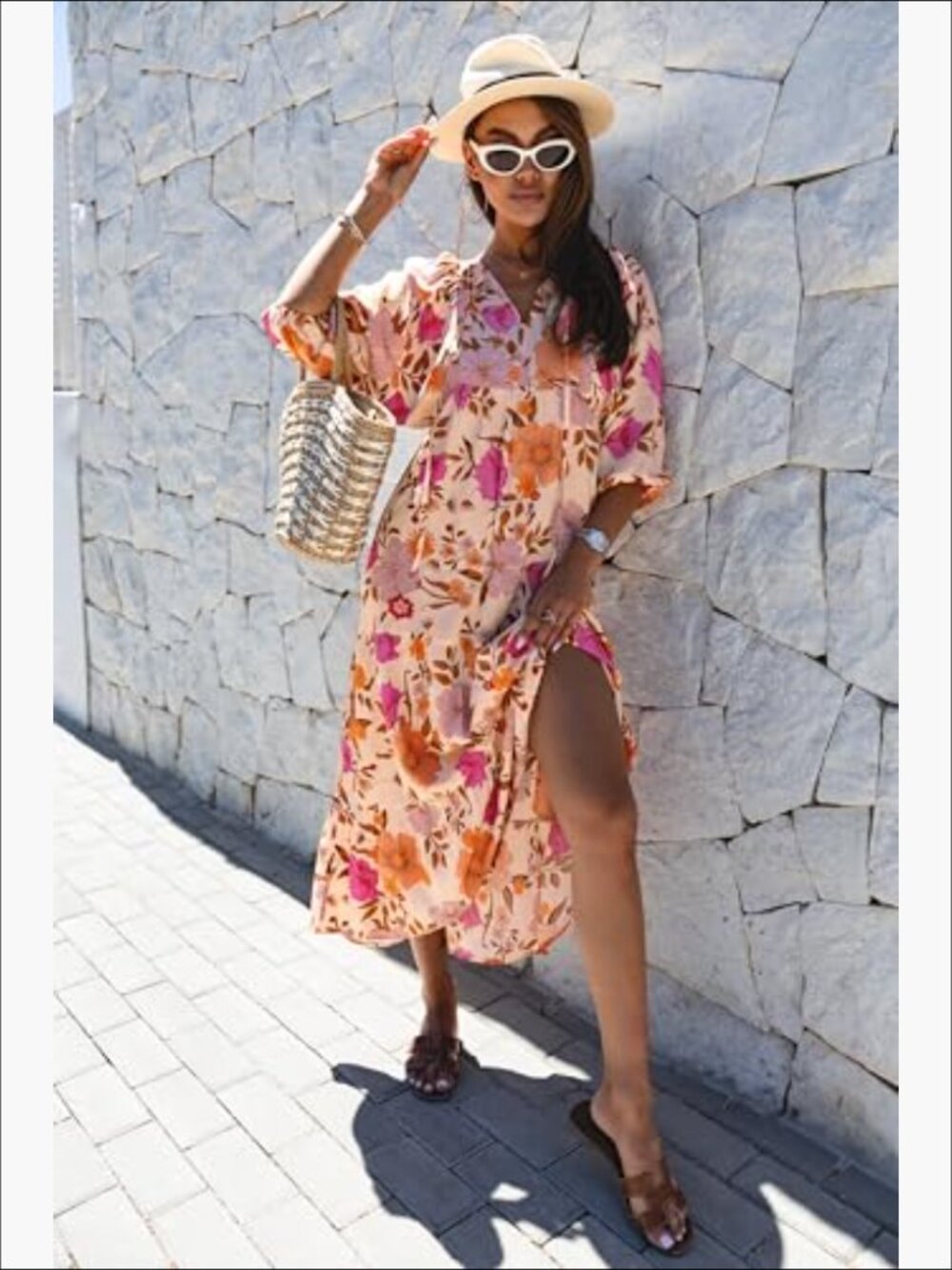 Womens V Neck Floral Midi Dress Pink Boho Hippie Flowy Beachy Vaca Bloomcore - Picture 3 of 3